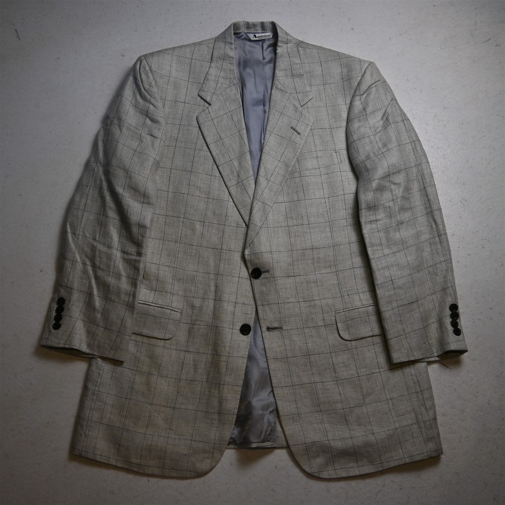 Vtg USA Made Aquascutum 40S Gray Windowpane Linen Mens Blazer Jacket Sport Coat